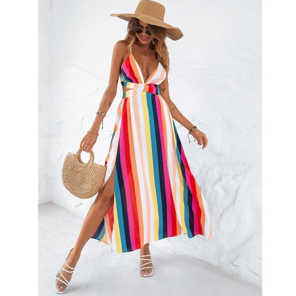 Striped Multicolor Backless Strappy V-Neck Maxi Dress Leg Slit - Picture 6 of 16